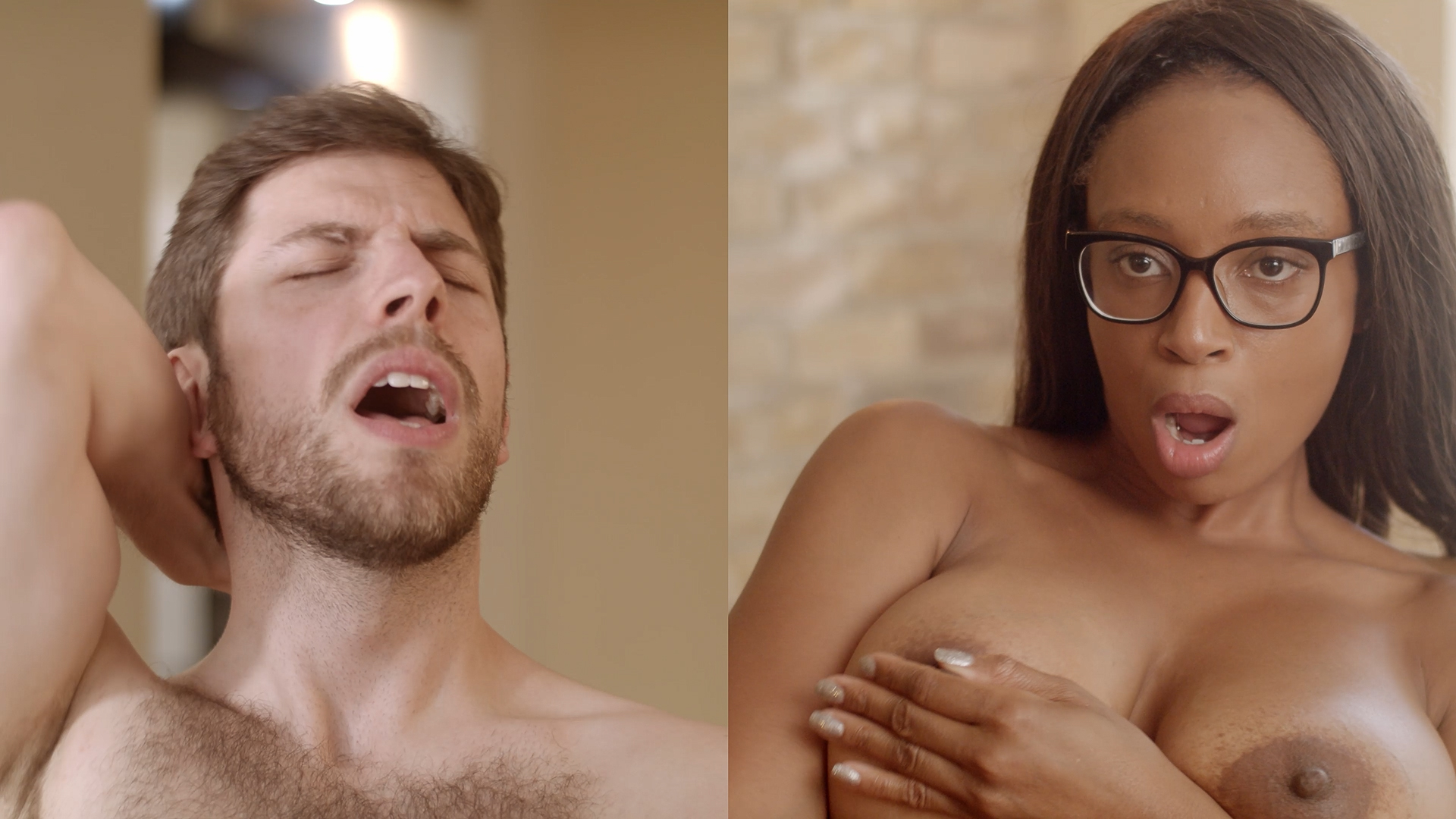 Split-screen or Marcus's face eyes closed and mputh open in pleasure with his hand behind his head, and Lola's face watching him muth open in pleasure hand holding her breasts